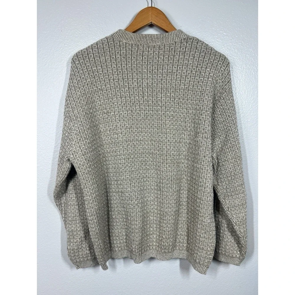 Studio Bill Blass Sweater Men's XL Tan 3D Textured Knit Crewneck‎ Button Vintage